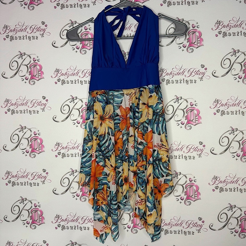 Tankini top halter blue tropical flowers floral mesh beach swimming NWOT